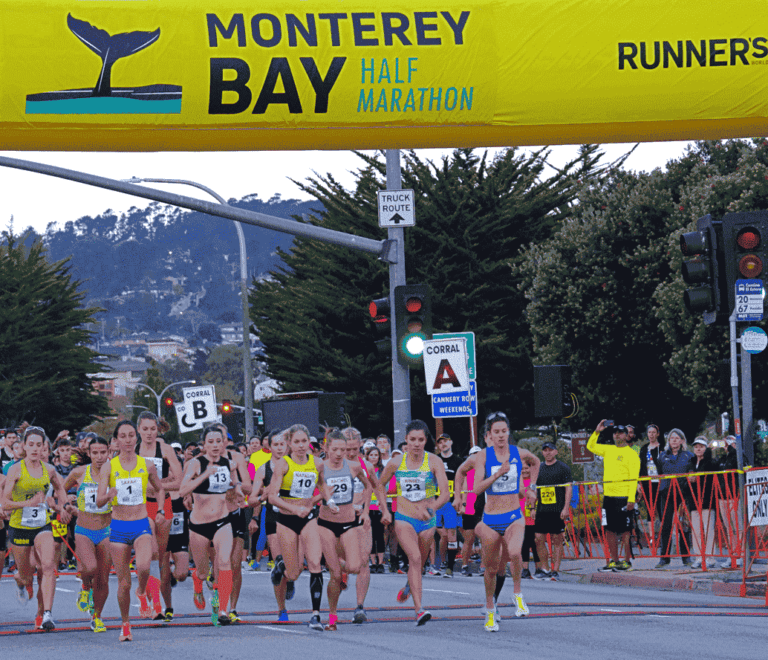 Runners at the starting line of the Monterey Bay marathon ready to begin the race.