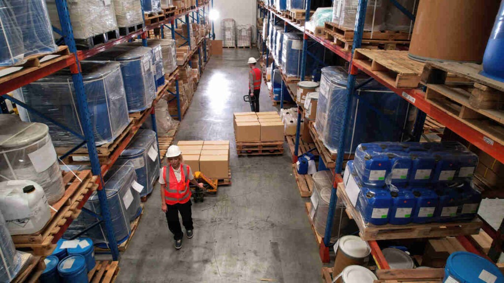 High angle view Warehouse worker are working in high rack warehouse, warehouse logistic concept,distribution warehouse with high shelves and loaders. Costco Monterey Park