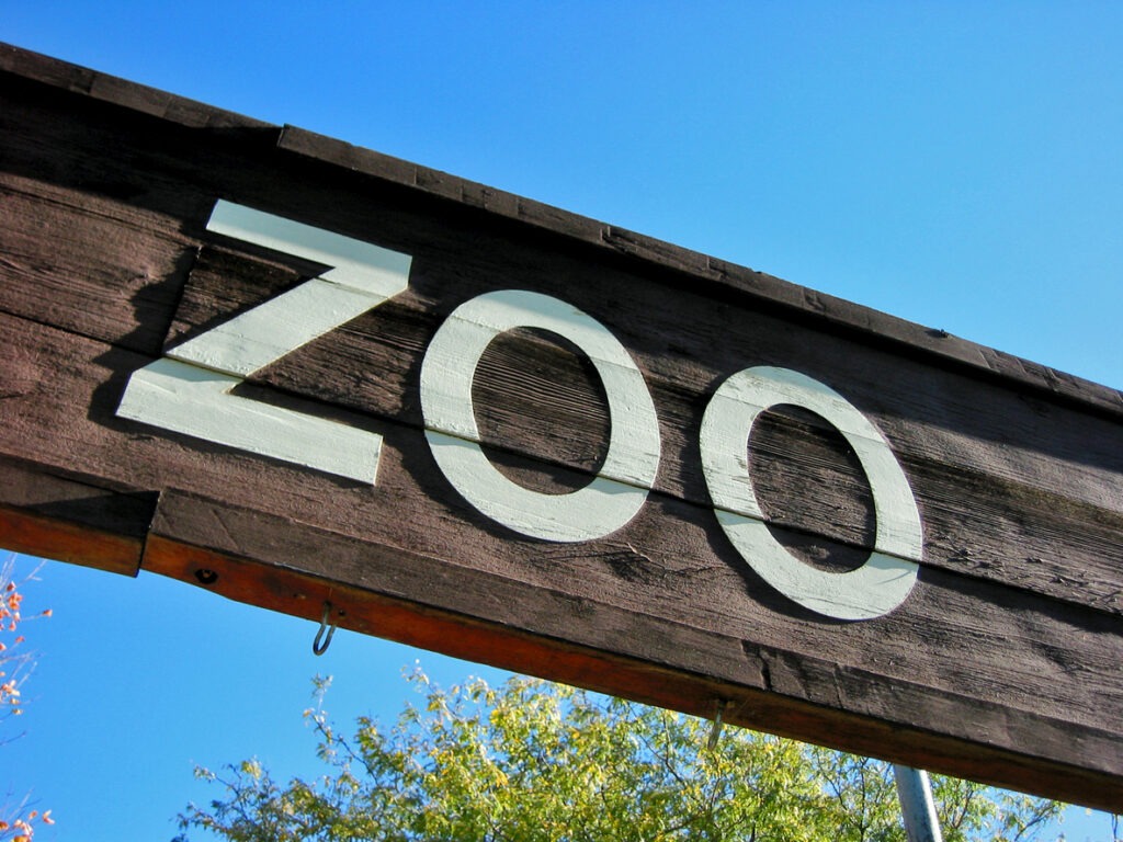 Sign with the word 'ZOO' on a clear day, marking the entrance.
